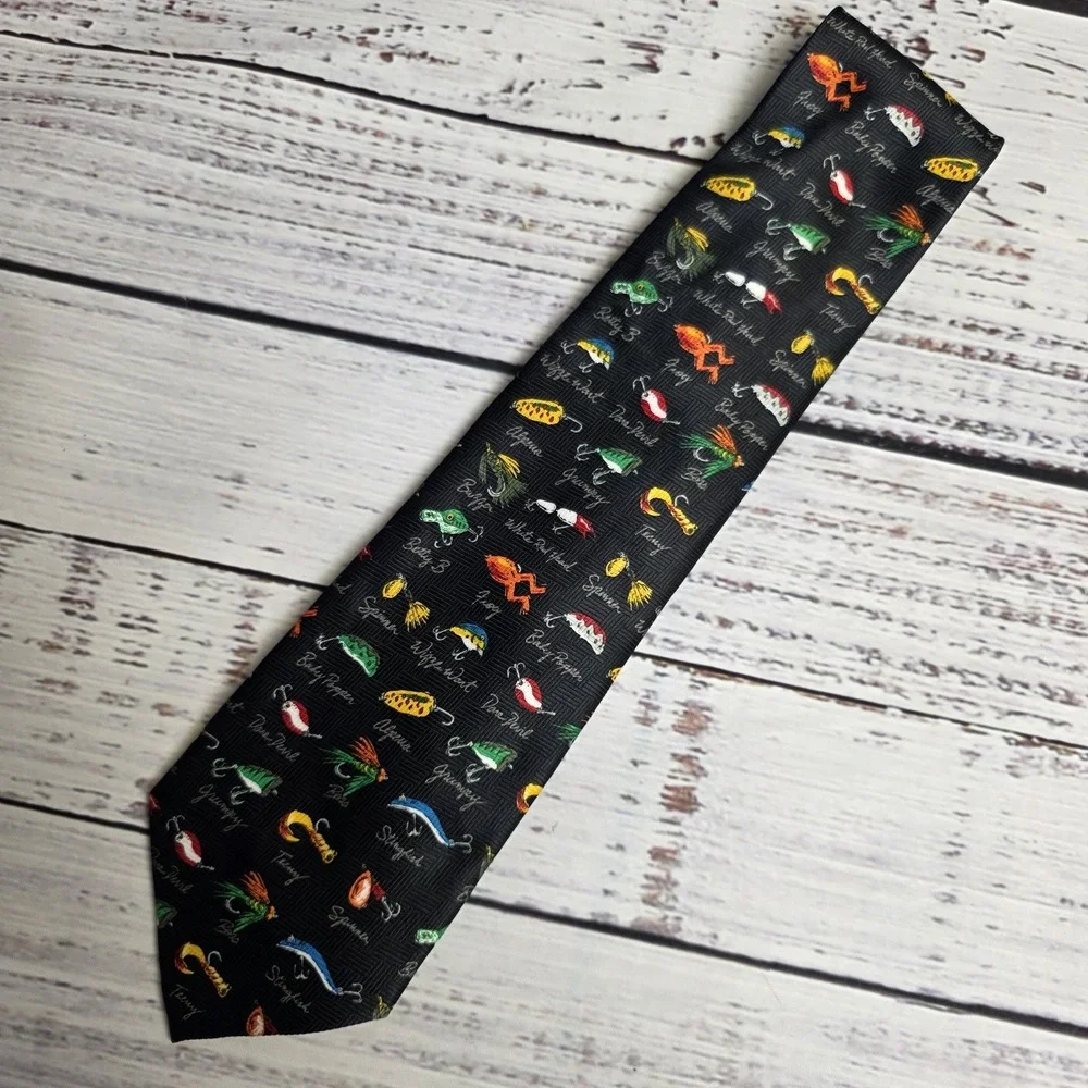 Addiction Polyester Men's Black Neck Tie Fishing Lures Fishermen Tackle Dad Gift